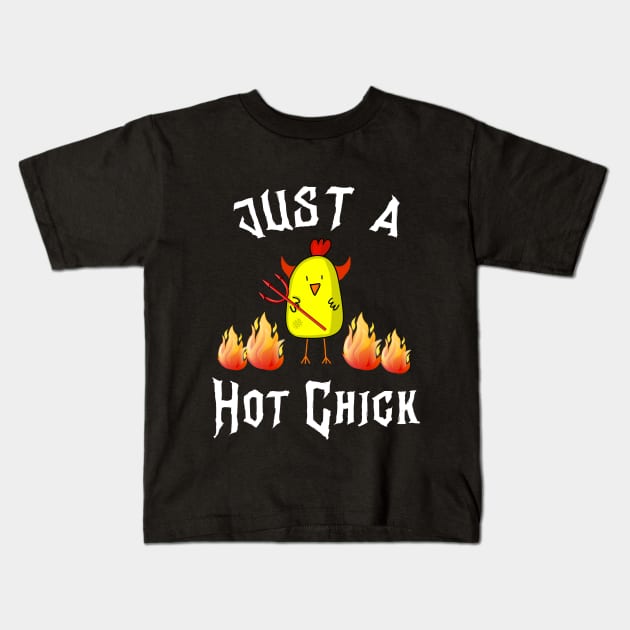 Just a Hot Chick Funny Halloween Babe Chicken Devil Kids T-Shirt by HuntTreasures